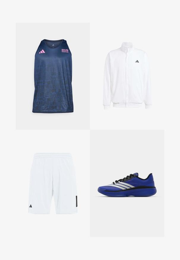 Casaco leve branco com colarinho alto, fecho frontal com zipper, bolsos laterais e um logótipo preto da Adidas no peito esquerdo. Textura suave.; adidas Performance BER25 TANK - Top - collegiate navy; Calções brancos desportivos com cintura elástica, apresentando três riscas pretas nas laterais e um logótipo preto na parte inferior da perna esquerda.; adidas Performance ADIZERO SELECT 3.0 - Sapatilhas de basquetebol - lucid blue/core black/metallic