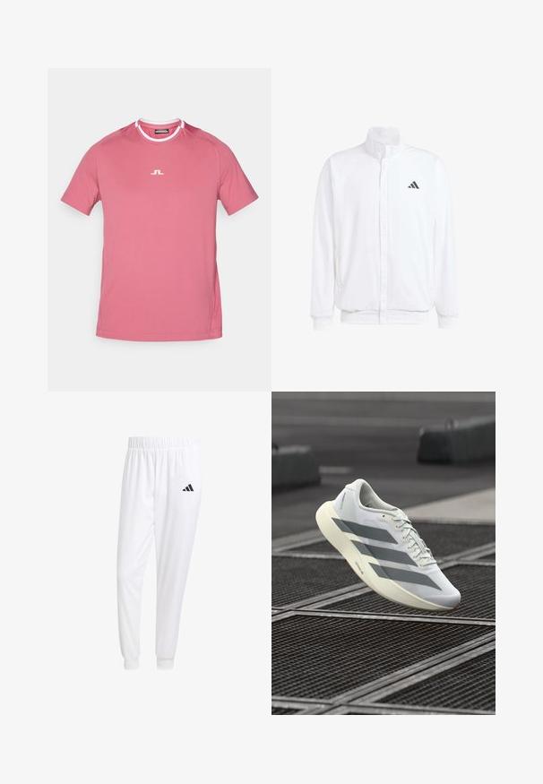 Casaco leve branco com colarinho alto, fecho frontal com zipper, bolsos laterais e um logótipo preto da Adidas no peito esquerdo. Textura suave.; T-shirt de manga curta e decote redondo em rosa claro, com um logo branco no peito e detalhes brancos na gola. Textura suave.; Calças esportivas brancas feitas de tecido suave, com uma cintura elástica e punhos ajustados, apresentando um logo preto no bolso de trás.; Sapatilha desportiva branca com parte superior em malha texturizada, apresentando riscas cinzentas e sola acolchoada. Design leve adequado para corrida.