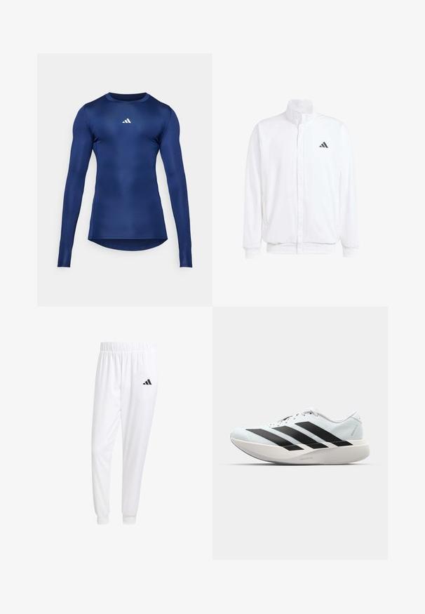 Weiße leichte Jacke mit Stehkragen, durchgehendem Reißverschluss, seitlichen Taschen und schwarzem Adidas-Logo auf der linken Brust. Weicher Stoff.; Marineblaue langärmelige Sportshirt; glattes, dehnbares Material; runder Ausschnitt; mit kleinem weißen Logo auf der Brust; taillierte Passform.; Weiße Sporthose aus glattem Stoff, mit einem elastischen Bund und enganliegenden Bündchen, mit einem schwarzen Logo auf der Gesäßtasche.; Leichte Laufschuhe in hellblau mit schwarzen Streifen. Sie verfügen über ein glattes Obermaterial, eine runde Zehenpartie und eine dicke weiße Zwischensohle, die mit "LIGHTSTRIKE PRO" beschriftet ist.