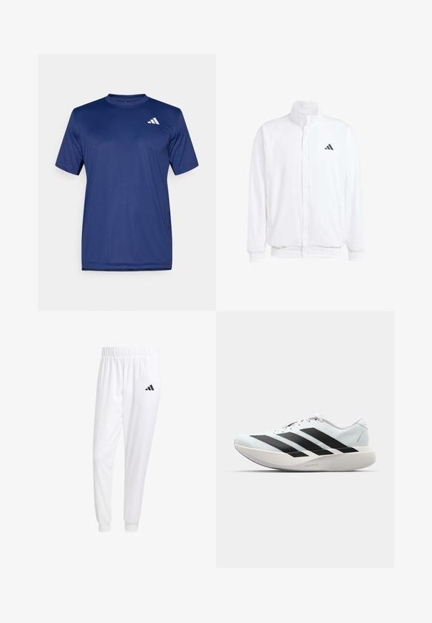 Bílá lehká bunda s stojatým límcem, předním zipem, bočními kapsami a černým logem Adidas na levé hrudi. Měkká textura.; Tyrkysové sportovní tričko s krátkým rukávem vyrobené z hladké látky. Na horní levé straně se nachází bílé logo. Design s kulatým výstřihem.; Bílé sportovní kalhoty vyrobené z hladkého materiálu, s elastickým pasem a přiléhavými manžetami, s černým logem na zadní kapse.; Lehké běžecké boty v světle modré barvě s černými pruhy. Mají hladký svršek, kulatou špičku a silnou bílou mezipodešev označenou "LIGHTSTRIKE PRO."