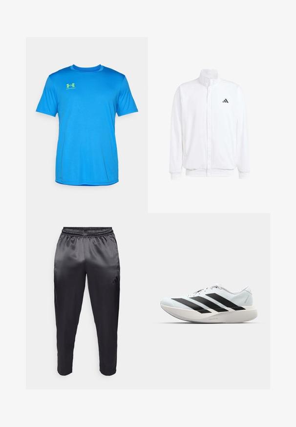 Jachetă albă ușoară, cu guler în picioare, închidere cu fermoar în față, buzunare laterale și un logo Adidas negru pe pieptul stâng. Textură moale.; Cămașă sport scurtă de culoare albastră, confecționată dintr-un material ușor. Are un guler rotund și un logo Under Armour de culoare verde aprins pe piept.; Pantaloni sportivi negri dintr-un material neted, ușor, cu un tiv elastic. Au un logo mic pe partea stângă și picioare tapered.; Pantofi de alergare ușori în albastru deschis cu dungi negre. Au un superior neted, vârf rotund și o intermediară groasă albă etichetată "LIGHTSTRIKE PRO."