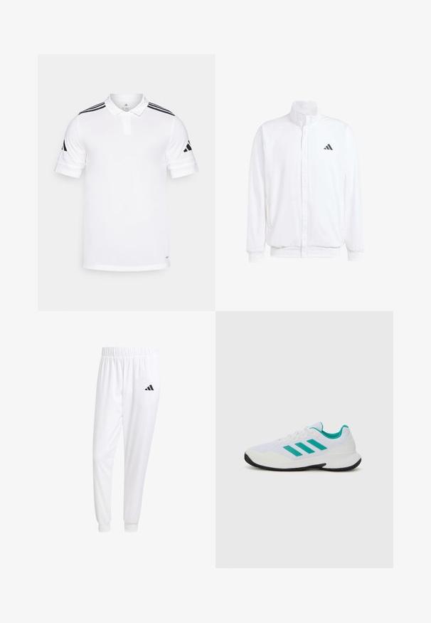 Hvid letvægtsjakke med en ståkrave, frontlynlås, sidelommer og et sort Adidas-logo på venstre bryst. Blød tekstur.; Hvid polo shirt lavet af letvægtsstof, med sorte striber på skulderne og en to-knaps placket. Korte ærmer med manchetter.; Hvide sportsbukser lavet af glat stof, med elastisk talje og tætsiddende manchetter, og med et sort logo på baglommen.; Hvid træningssko med turkise accenter, mesh-overdel, tre parallelle striber på siden, struktureret hæl og en sort gummisål.
