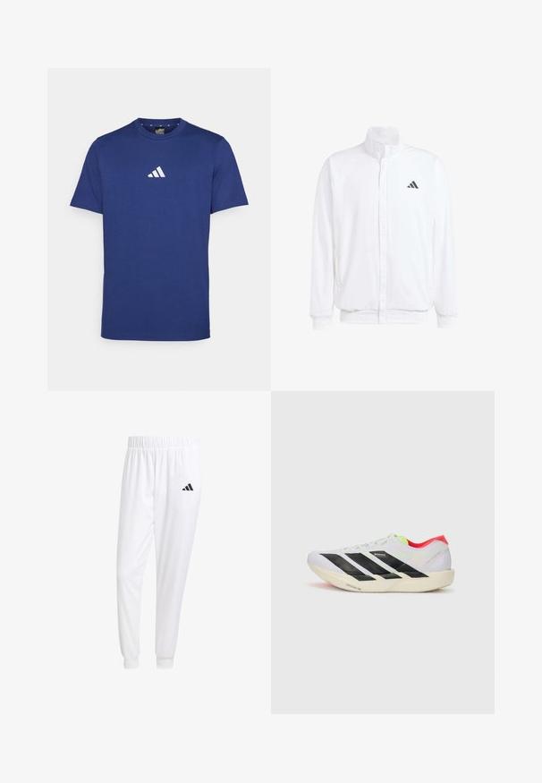 Balts viegls jaciņš ar stāvo apkakli, priekšējo rāvējslēdzēju, sānu kabatām un melnu Adidas logo kreisajā krūtī. Mīksta tekstūra.; Klāta zila kokvilnas T-krekls ar ribotu apaļu kakla izgriezumu, īsām piedurknēm un baltu logo, kas attēlo trīs svītras uz krūtīm.; Baltas sporta bikses, kas izgatavotas no gludas auduma, ar elastīgu jostu un pieguļošiem uzmavām, ar melnu logotipu aizmugurējā kabatā.; Balti skrienamie apavi ar melnām svītrām, neona zaļiem akcentiem un sarkanu papēdi. Izceļas ar vieglu dizainu un teksturētu zoli, kas nodrošina labu saķeri.