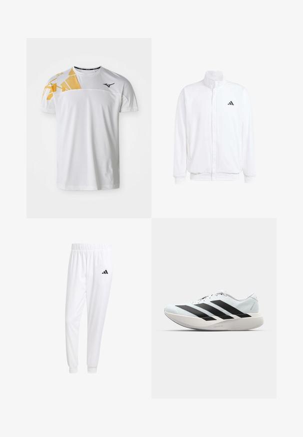 Bílá lehká bunda s stojatým límcem, předním zipem, bočními kapsami a černým logem Adidas na levé hrudi. Měkká textura.; Bílý sportovní tričko s geometrickým žlutým designem na jednom rameni, hladká textura, kulatý výstřih a logo v tmavě šedé barvě.; Bílé sportovní kalhoty vyrobené z hladkého materiálu, s elastickým pasem a přiléhavými manžetami, s černým logem na zadní kapse.; Lehké běžecké boty v světle modré barvě s černými pruhy. Mají hladký svršek, kulatou špičku a silnou bílou mezipodešev označenou "LIGHTSTRIKE PRO."