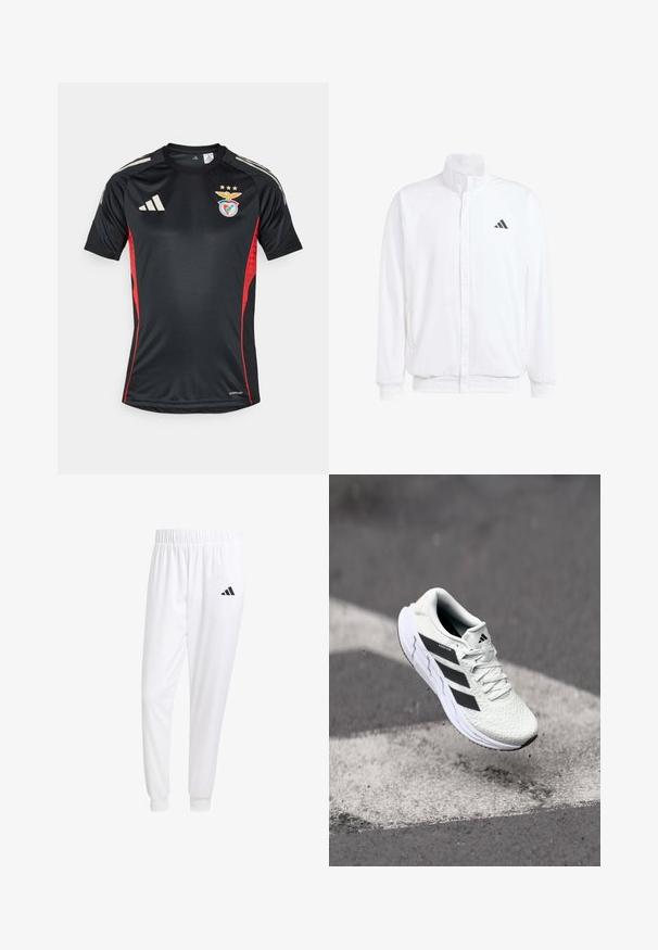 Casaco leve branco com colarinho alto, fecho frontal com zipper, bolsos laterais e um logótipo preto da Adidas no peito esquerdo. Textura suave.; Camisola atlética preta com detalhes vermelhos nas laterais, apresentando um decote redondo, mangas curtas, logo da Adidas e um emblema do clube no peito.; Calças esportivas brancas feitas de tecido suave, com uma cintura elástica e punhos ajustados, apresentando um logo preto no bolso de trás.; Shoe atlético branco com parte superior em malha texturizada, riscas pretas, fecho de atacadores e sola almofadada, a flutuar acima de uma superfície de estrada marcada.