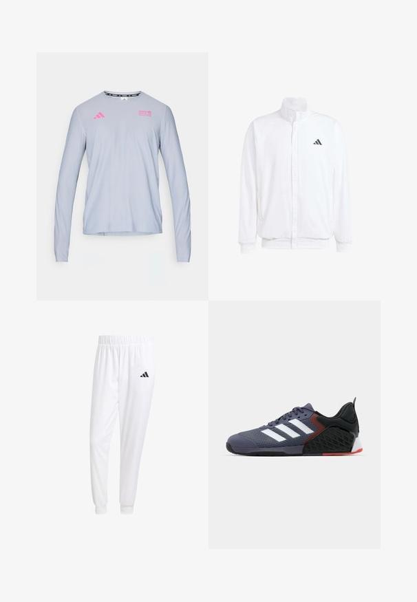 Valkoinen kevyt takki, jossa on pystysuora kaulus, etuvetoketju, sivutaskut ja musta Adidas-logo vasemmassa rinnassa. Pehmeä rakenne.; adidas Performance BER25 OTR LS TEE - Pitkähihainen paita - halo silver-coloured; Valkoiset urheiluhousut, jotka on valmistettu sileästä kankaasta, jossa on joustava vyötärö ja istuvat hihat, ja joissa on musta logo takataskussa.; Violetti urheilukenkä, jossa on verkkokangaspinta, kolme valkoista raitaa, pehmustettu nilkkaosa, mustia ja punaisia yksityiskohtia, teksturoitu pohja ja kumipohja.