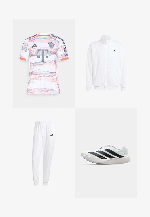 Biała lekka kurtka z podwyższonym kołnierzem, przednim zamkiem błyskawicznym, bocznymi kieszeniami oraz czarnym logo Adidas na lewej piersi. Miękka tekstura.; Biała koszulka piłkarska z krótkim rękawem z różowymi i szarymi abstrakcyjnymi wzorami, z okrągłym dekoltem, logo Adidas i herbem Bayernu Monachium.; Białe sportowe spodnie z gładkiego materiału, z elastycznym pasem w talii i dopasowanymi mankietami, z czarnym logo na tylnej kieszeni.; Lekkie buty do biegania w jasnoniebieskim kolorze z czarnymi pasami. Posiadają gładką cholewkę, okrągły nosek oraz grubą białą podeszwę środkową oznaczoną "LIGHTSTRIKE PRO."