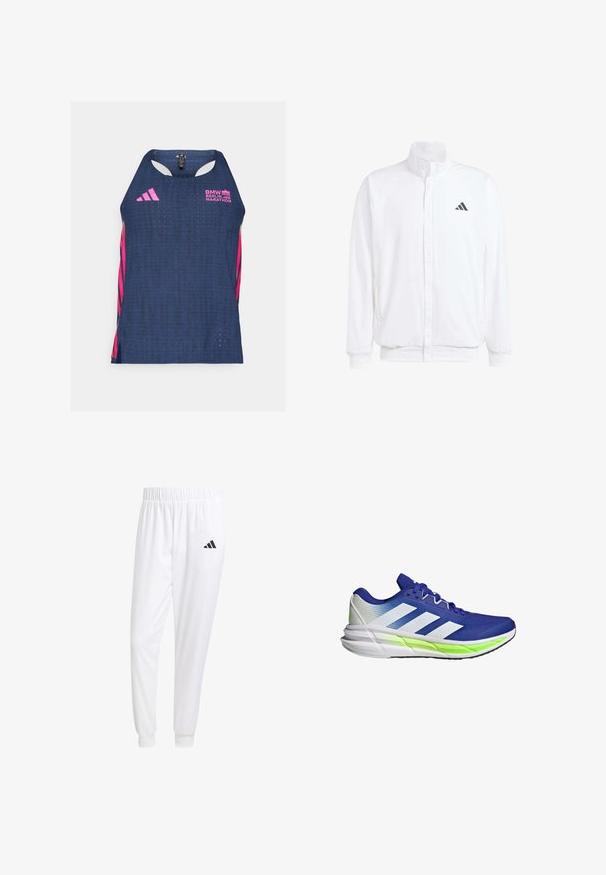 Biała lekka kurtka z podwyższonym kołnierzem, przednim zamkiem błyskawicznym, bocznymi kieszeniami oraz czarnym logo Adidas na lewej piersi. Miękka tekstura.; adidas Performance BER25 granatowy; Białe sportowe spodnie z gładkiego materiału, z elastycznym pasem w talii i dopasowanymi mankietami, z czarnym logo na tylnej kieszeni.; Niebieski but sportowy z białymi akcentami, górą z siateczki i amortyzującą podeszwą wyróżniającą się neongreen paskiem. Posiada krzywą konstrukcję.