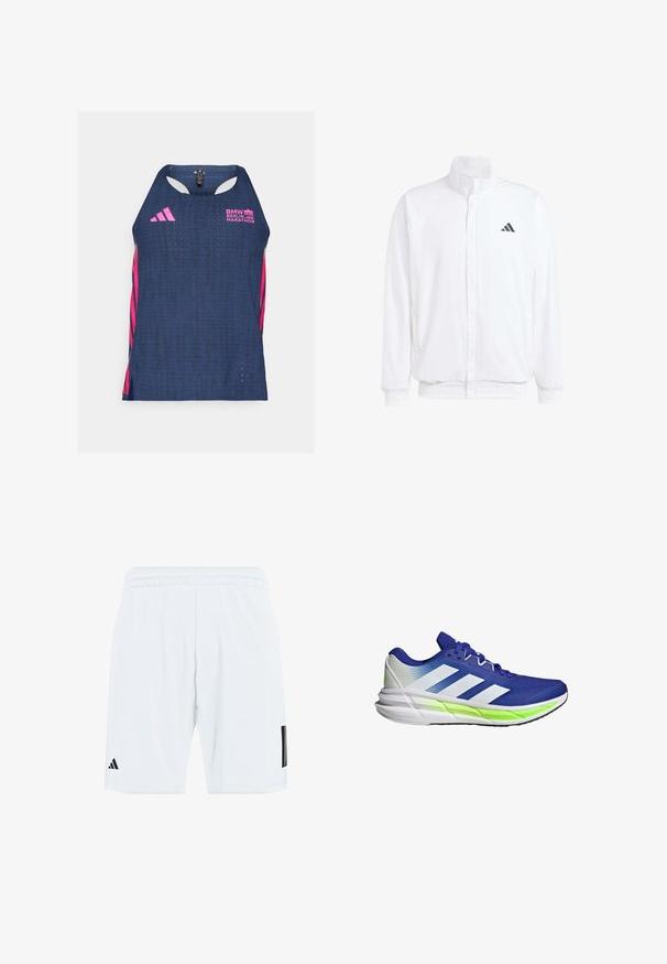 Witte lichtgewicht jas met een staande kraag, voorzijde met rits, zijzakken en een zwart Adidas-logo op de linkerborst. Zachte textuur.; adidas Performance BER25 SINGLET - Top - collegiate navy; Witte sportshorts met een elastische tailleband, voorzien van drie zwarte strepen aan de zijkanten en een zwart logo op het onderste linkerbeen.; Blauwe sportschoen met witte accenten, bovenkant van gaas en een gevoerde zool benadrukt door een neon groene streep. Kenmerkt zich door een gebogen ontwerp.