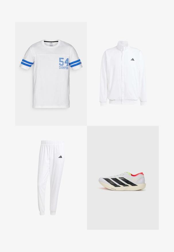Valge kerge jakk, millel on seisev krae, ees lukuga kinnitus, küljetaskud ja must Adidas logo vasakul rinnal. Pehme tekstuur.; Valge puuvillane t-särk siniste aktsentidega, lühikeste varrukatega, horizontaalsete siniste triipudega ning numbritega "54" koos tähisega "CHAMPION".; Valged sportpüksid, mis on valmistatud siledast kangast, omavad elastset vöökohta ja kitsaid mansette, tagakoti peal on must logo.; Valge jooksuking mustade triipudega, ere roheline aksessuaar ja punane konts. Omab kerget disaini ja tekstureeritud talla, mis tagab haarde.