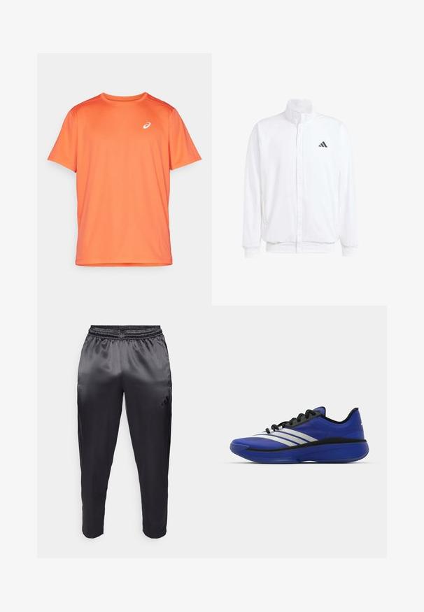 Casaco leve branco com colarinho alto, fecho frontal com zipper, bolsos laterais e um logótipo preto da Adidas no peito esquerdo. Textura suave.; T-shirt atlético laranja feito de um tecido leve. Apresenta mangas curtas, gola redonda e um pequeno logótipo branco na parte superior do lado esquerdo do peito.; Calças atléticas pretas feitas de um tecido leve e suave com um cós elástico. Apresenta um pequeno logótipo no lado esquerdo e pernas ajustadas.; adidas Performance ADIZERO SELECT 3.0 - Sapatilhas de basquetebol - lucid blue/core black/metallic