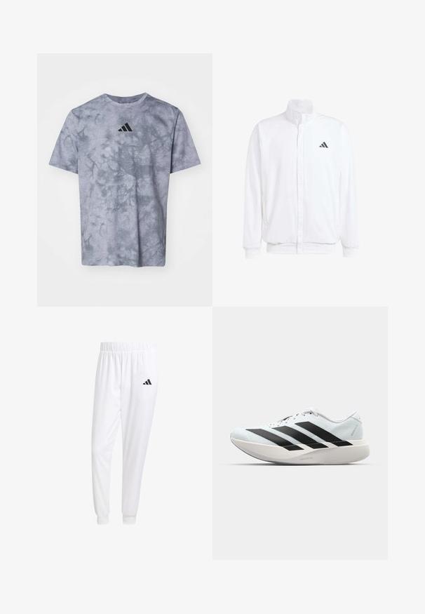 Bílá lehká bunda s stojatým límcem, předním zipem, bočními kapsami a černým logem Adidas na levé hrudi. Měkká textura.; Šedé tričko s krátkým rukávem s motivem tie-dye, které má výrazné černé logo Adidas na hrudi a texturovanou látku.; Bílé sportovní kalhoty vyrobené z hladkého materiálu, s elastickým pasem a přiléhavými manžetami, s černým logem na zadní kapse.; Lehké běžecké boty v světle modré barvě s černými pruhy. Mají hladký svršek, kulatou špičku a silnou bílou mezipodešev označenou "LIGHTSTRIKE PRO."