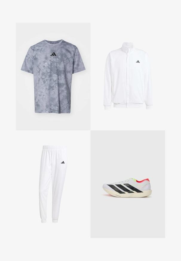 Veste légère blanche avec col montant, fermeture éclair sur le devant, poches latérales, et un logo Adidas noir sur la poitrine gauche. Texture douce.; T-shirt gris à manches courtes avec un motif tie-dye, présentant un logo Adidas noir en évidence sur la poitrine et un tissu texturé.; Pantalons de sport blancs en tissu lisse, dotés d'une taille élastique et de poignets ajustés, avec un logo noir sur la poche arrière.; Baskets de course blanches avec des rayures noires, des accents vert fluo et un talon rouge. Caractérisées par un design léger et une semelle texturée pour une meilleure adhérence.