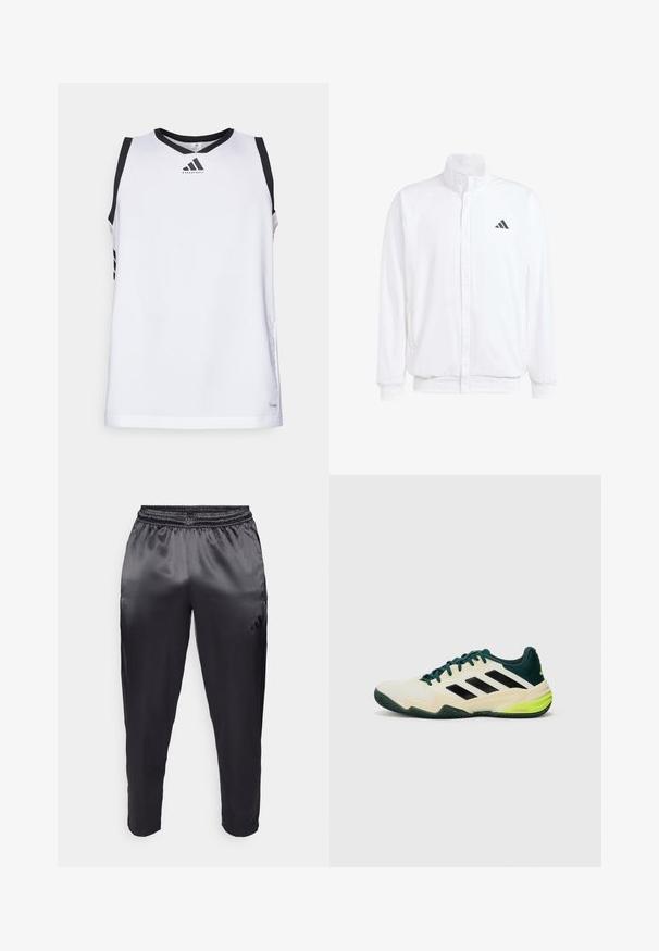 White lightweight jacket featuring a stand collar, front zipper closure, side pockets, and a black Adidas logo on the left chest. Soft texture.; White basketball jersey with a black collar and shoulder accents, featuring a logo on the chest and three black stripes on each side.; Black athletic pants made of smooth, lightweight fabric with an elastic waistband. Features a small logo on the left side and tapered legs.; Tennis shoes with a cream upper, black stripes, green accents, and a textured rubber sole for grip. Constructed from synthetic materials.