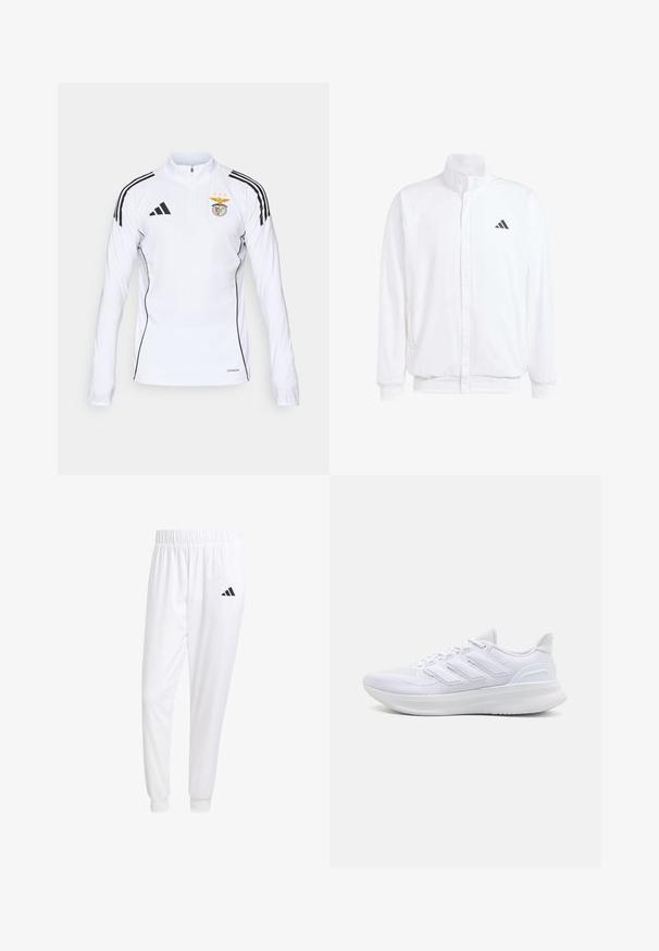 Hvid letvægtsjakke med en ståkrave, frontlynlås, sidelommer og et sort Adidas-logo på venstre bryst. Blød tekstur.; Hvid langærmet sportstrøje med sorte striber på skuldrene, halv-lynlåse front, Adidas-logo og Benfica fodboldklub crest på brystet.; Hvide sportsbukser lavet af glat stof, med elastisk talje og tætsiddende manchetter, og med et sort logo på baglommen.; Hvide sportssko med en tekstureret mesh-overdel, en støttende polstret sål og et tre-stripes design på siden.