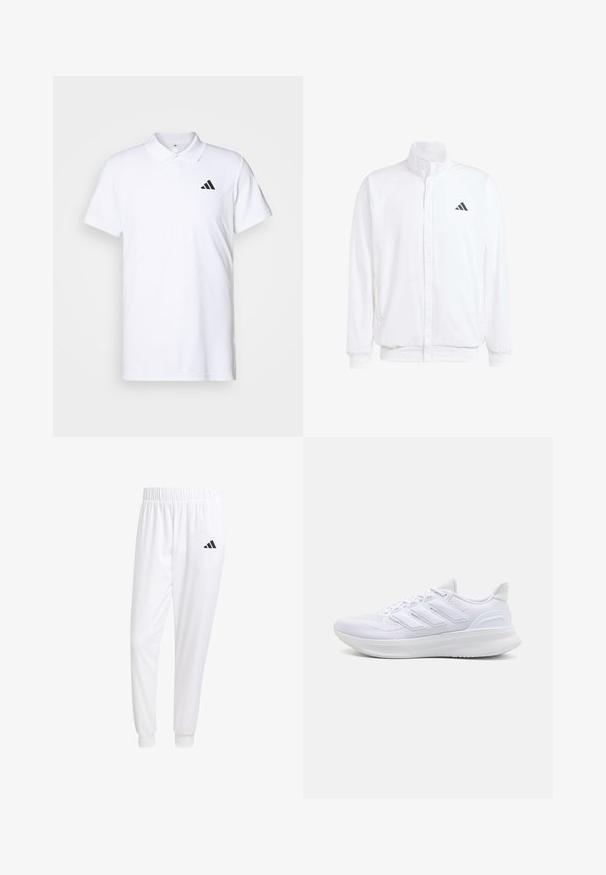 Chaqueta ligera blanca con cuello alzado, cierre frontal con cremallera, bolsillos laterales y un logo negro de Adidas en el lado izquierdo del pecho. Textura suave.; Polo blanco hecho de algodón, con cuello y mangas cortas. Logo negro de Adidas ubicado en el lado izquierdo del pecho. Textura suave.; Pantalones deportivos blancos de tela suave, con cinturilla elástica y puños ajustados, y un logo negro en el bolsillo trasero.; Zapatillas deportivas blancas con una parte superior de malla texturizada, suela acolchada y soporte, y un diseño de tres rayas en el lateral.