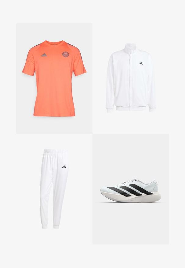Bílá lehká bunda s stojatým límcem, předním zipem, bočními kapsami a černým logem Adidas na levé hrudi. Měkká textura.; Krátký rukáv růžovo-oranžového sportovního trička vyrobeného z jemné tkaniny, s kulatým výstřihem a tmavě šedými akcenty na ramenou a logu.; Bílé sportovní kalhoty vyrobené z hladkého materiálu, s elastickým pasem a přiléhavými manžetami, s černým logem na zadní kapse.; Lehké běžecké boty v světle modré barvě s černými pruhy. Mají hladký svršek, kulatou špičku a silnou bílou mezipodešev označenou "LIGHTSTRIKE PRO."