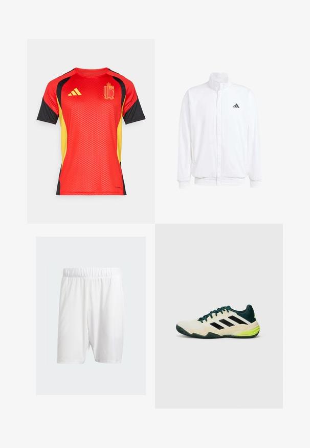 Veste légère blanche avec col montant, fermeture éclair sur le devant, poches latérales, et un logo Adidas noir sur la poitrine gauche. Texture douce.; Maillot rouge à manches courtes avec des accents noirs et jaunes, présentant un motif texturé, un logo Adidas et un emblème central.; Shorts de sport blancs en tissu léger, dotés d'une taille élastique, d'une texture lisse et d'une coupe mi-genoux.; Baskets de tennis avec une tige crème, des rayures noires, des accents verts et une semelle en caoutchouc texturée pour l'adhérence. Construites en matériaux synthétiques.