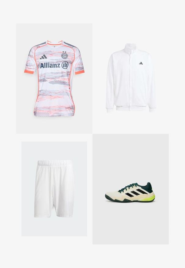 Veste légère blanche avec col montant, fermeture éclair sur le devant, poches latérales, et un logo Adidas noir sur la poitrine gauche. Texture douce.; Maillot de football blanc avec des motifs abstraits roses et gris, à manches courtes, encolure ronde et logo Adidas. Le logo "Allianz" est bien en vue.; Shorts de sport blancs en tissu léger, dotés d'une taille élastique, d'une texture lisse et d'une coupe mi-genoux.; Baskets de tennis avec une tige crème, des rayures noires, des accents verts et une semelle en caoutchouc texturée pour l'adhérence. Construites en matériaux synthétiques.