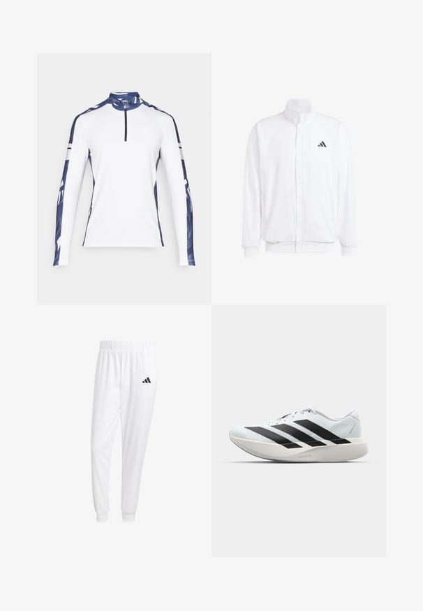 Fehér, könnyű dzseki, álló gallérral, elülső cipzáros záródással, oldalsó zsebekkel és fekete Adidas logóval a bal mellen. Puha tapintású.; Hosszú ujjú sportpóló, fehér színű, kék mintás ujjal, magas gallérral és 1/4-es cipzárral. Az ujjakon kontrasztos fekete csíkok találhatók.; Fehér sportnadrág sima anyagból, rugalmas derékpánttal és szűkített bokákkal, a hátsó zsebében fekete logóval.; Világoskék, fekete csíkos könnyű futószerek. Simább felső résszel, kerek orral és vastag fehér középtalppal, amelyen a "LIGHTSTRIKE PRO" felirat olvasható.
