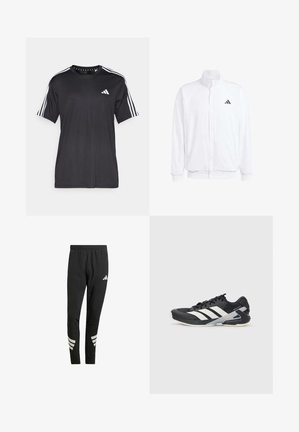 Hvid letvægtsjakke med en ståkrave, frontlynlås, sidelommer og et sort Adidas-logo på venstre bryst. Blød tekstur.; Sort kortærmet t-shirt med hvidt tre-stribedesign på skuldrene og logo på brystet. Lavet af åndbart stof med en glat tekstur.; Sorte træningsbukser med en elastisk talje, der har reflekterende hvide detaljer i et stribet mønster på underbenene. Fremstillet af et glat stof.; Sort sportsko med hvide striber, mesh-overdel, rund tå og dæmpet sål. Har en tekstureret hæl og et sikkert snøresystem.