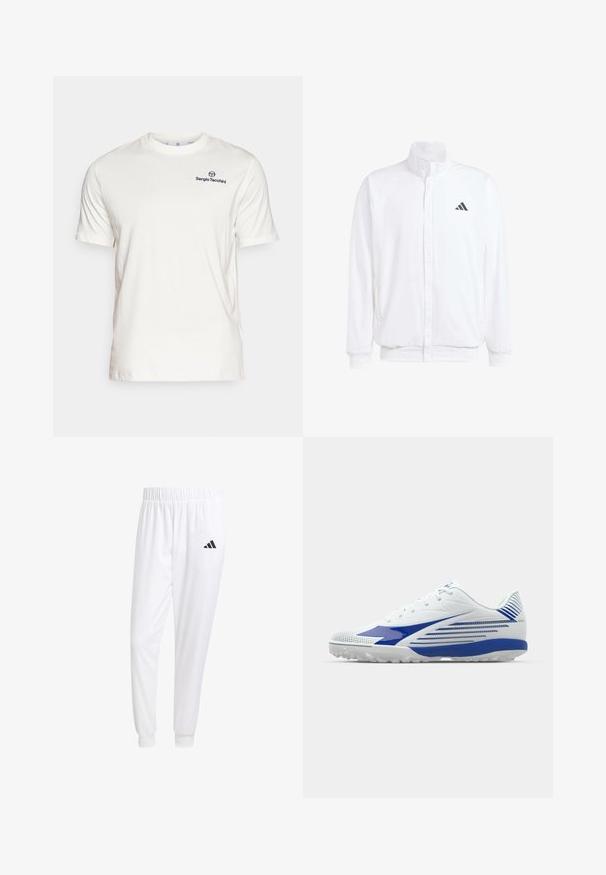Fehér, könnyű dzseki, álló gallérral, elülső cipzáros záródással, oldalsó zsebekkel és fekete Adidas logóval a bal mellen. Puha tapintású.; Sergio Tacchini BOLD - Basic póló - gardenia/navy; Fehér sportnadrág sima anyagból, rugalmas derékpánttal és szűkített bokákkal, a hátsó zsebében fekete logóval.; Fehér sportcipő kék díszítéssel, textúrált hálós felsőrész, ívelt dizájn és gumitalp, melyen tapadási minták találhatóak. Fűzős záródás a biztos illeszkedés érdekében.