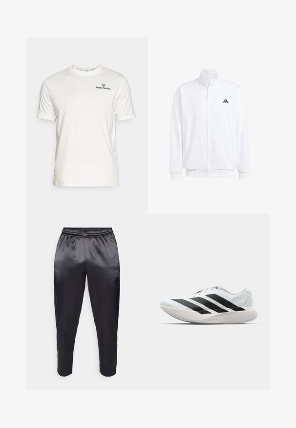 Balts viegls jaciņš ar stāvo apkakli, priekšējo rāvējslēdzēju, sānu kabatām un melnu Adidas logo kreisajā krūtī. Mīksta tekstūra.; Sergio Tacchini BOLD - Pamata T-krekls - gardenia/navy; Melni sporta bikses, kas izgatavotas no gluda, viegla auduma ar elastīgu jostasvietu. Otrā pusē ir mazs logo, un tās ir šaurākas pie kājām.; Gaiši zili vieglie skriešanas apavi ar melniem svītrainiem. Iezīmēti ar gludu augšpusi, apaļu purngalu un biezāko balto vidējo zoli, kurā ir uzraksts "LIGHTSTRIKE PRO."