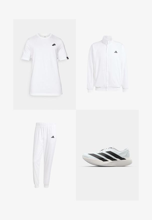 Witte lichtgewicht jas met een staande kraag, voorzijde met rits, zijzakken en een zwart Adidas-logo op de linkerborst. Zachte textuur.; adidas Performance COPA SIGNATURE GRAPHIC - T-shirt print - white; Witte sportbroek van gladde stof, met een elastische tailleband en smalle taillebanden, voorzien van een zwart logo op de achterzak.; Lichte hardloopschoenen in lichtblauw met zwarte strepen. Beschikt over een soepele bovenkant, ronde neusstuk en dikke witte tussenzool met het label "LIGHTSTRIKE PRO."