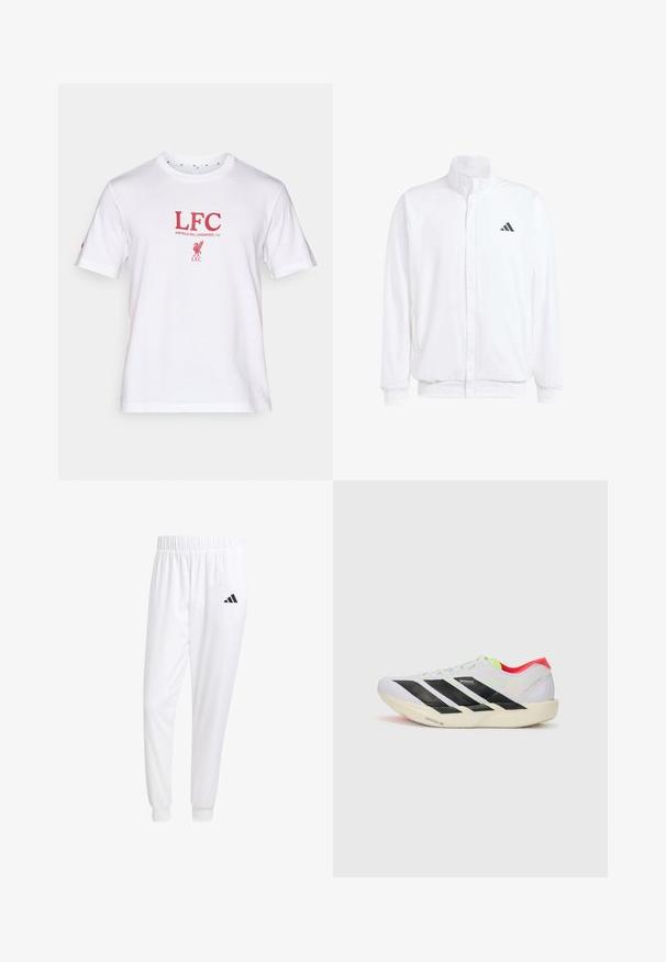 Bijela lagana jakna s visokim ovratnikom, prednjim zatvaračem, bočnim džepovima i crnim Adidas logom na lijevoj sisi. Mekana tekstura.; Bijela pamučna majica s crvenim natpisom "LFC" i "ANFIELD RD, LIVERPOOL, L4" ispod, uz logo ptice. Kratki rukavi i okrugli izrez.; Bijele atletske hlače od glatkog materijala, sa elastičnom vrpcom u struku i pripijenim manžetama, sa crnim logom na stražnjem džepu.; Bijela trkačka cipela s crnim prugama, neon zelenim naglascima i crvenim petom. Ima lagani dizajn i teksturiranu potplat za bolji grip.