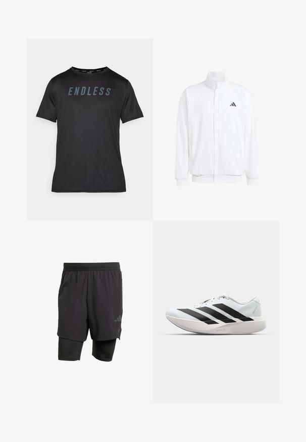 Bela lahka jakna s stojčnim ovratnikom, sprednjim zadrgo, stranskimi žepi in črnimi Adidasovimi logotipi na levem prsnem delu. Mehak material.; Endless ACE - Športne majice - black; Črne atletske hlače s integriranim notranjim slojem, narejene iz zračnega materiala. Imajo subtilen logotip in strukturirano teksturo. Prilagodljiv pas.; Lahki tekaški čevlji v svetlo modri barvi z belimi črtami. Imajo gladek zgornji del, okroglo kapico in debel bel srednji podplat z označbo "LIGHTSTRIKE PRO."