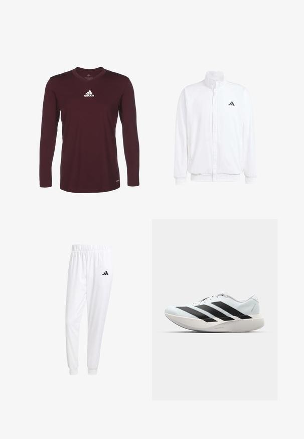 Chaqueta ligera blanca con cuello alzado, cierre frontal con cremallera, bolsillos laterales y un logo negro de Adidas en el lado izquierdo del pecho. Textura suave.; Camisa de manga larga color marrón con diseño de cuello en V. Presenta el logotipo de Adidas en blanco en la parte superior izquierda del pecho. Textura de tela suave.; Pantalones deportivos blancos de tela suave, con cinturilla elástica y puños ajustados, y un logo negro en el bolsillo trasero.; Zapatillas de running ligeras en azul pálido con rayas negras. Presentan una parte superior suave, puntera redonda y una gruesa mediasuela blanca etiquetada como "LIGHTSTRIKE PRO".