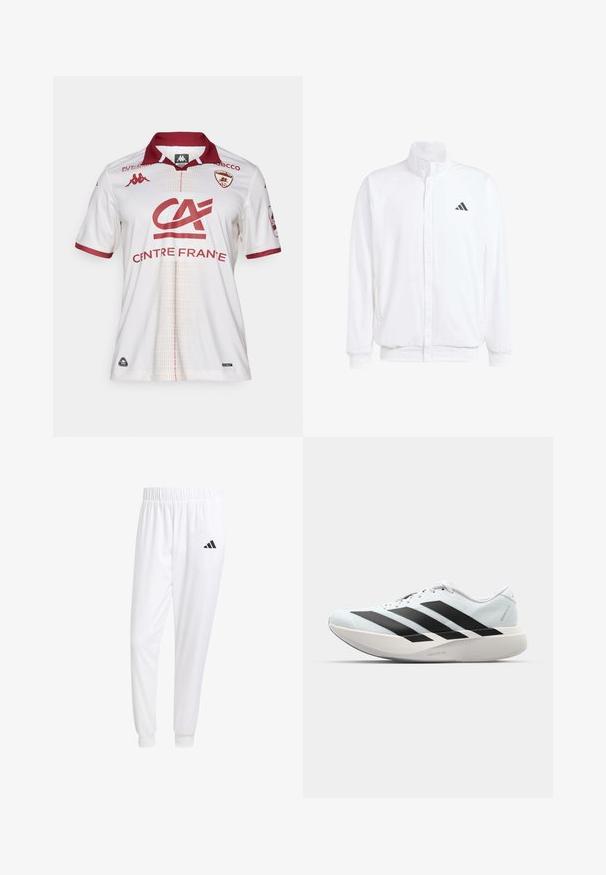Biela ľahká bunda so stojáčikovým golierom, predným zipsom, bočnými vreckami a čiernym logom Adidas na ľavej hrudi. Mäkčená štruktúra.; Biela futbalová dres s vínovými akcentmi, s límcom, tímovými logami a textúrovaným vzorom na prednej strane. Materiál vyzerá ako priedušný.; Biele športové nohavice z hladkej tkaniny, s elastickým pásom a priliehavými manžetami, s čiernym logom na zadnej vrecku.; Ľahké bežecké topánky v svetlomodrej farbe s čiernymi pruhmi. Majú hladký zvršok, okrúle špičky a hrubú bielu medzipodrážku označenú "LIGHTSTRIKE PRO."