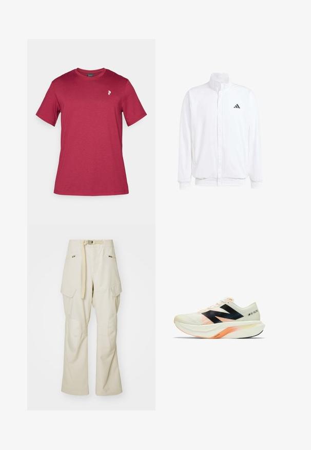 Chaqueta ligera blanca con cuello alzado, cierre frontal con cremallera, bolsillos laterales y un logo negro de Adidas en el lado izquierdo del pecho. Textura suave.; Camiseta de algodón color marrón con mangas cortas, cuello redondo y un pequeño logotipo blanco en la parte izquierda del pecho. Textura suave y diseño casual.; Pantalones cargo beige con pierna ancha, cintura ceñida por un cinturón, dos bolsillos laterales y parches en las rodillas. Textura suave con detalles de costura reforzada.; Zapato de running ligero en blanco con acentos en negro y coral. Presenta una parte superior transpirable, un acolchado pronunciado y una forma aerodinámica y elegante.