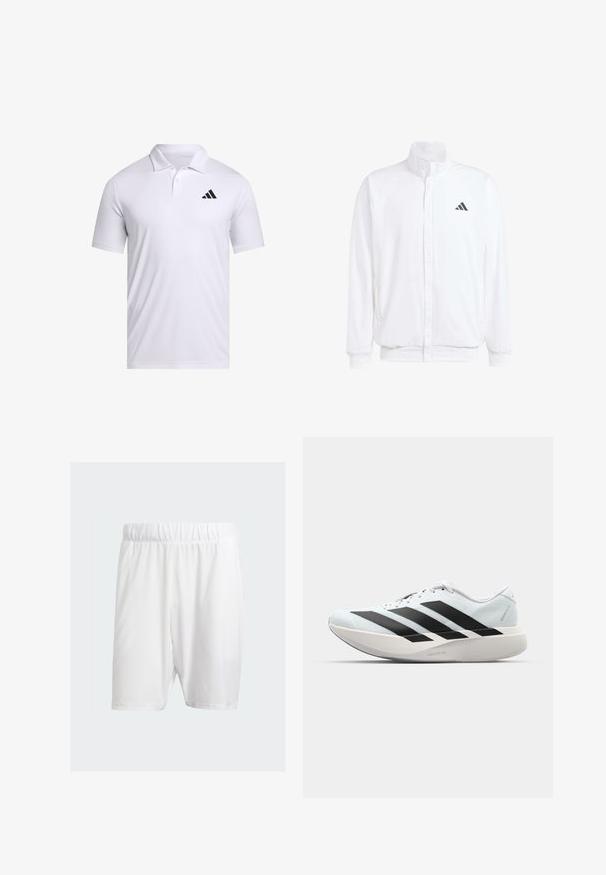 Hvid letvægtsjakke med en ståkrave, frontlynlås, sidelommer og et sort Adidas-logo på venstre bryst. Blød tekstur.; Hvid polo shirt lavet af åndbart stof med krave, med korte ærmer og et sort Adidas-logo på venstre bryst.; Hvide sportshorts lavet af letvægtsstof, med elastisk talje, glat tekstur og knælængde.; Letvægtige løbesko i lys blå med sorte striber. Har en glat overdel, rund tå og tyk hvid mellemsål mærket "LIGHTSTRIKE PRO."
