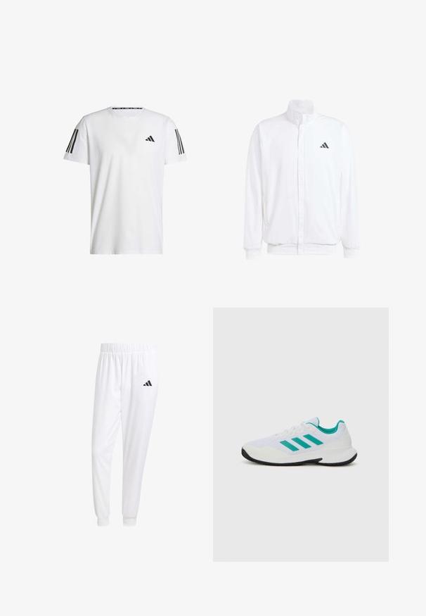 Bela lahka jakna s stojčnim ovratnikom, sprednjim zadrgo, stranskimi žepi in črnimi Adidasovimi logotipi na levem prsnem delu. Mehak material.; Bela kratka majica s kratkimi rokavi iz dihalnega materiala, ki vsebuje črno trikotno logotip in tri črne črte na vsakem rami.; Bele atletske hlače iz gladkega materiala, z elastičnim pasom in prilagojenimi manšetami, na zadnjem žepu pa je črna logo.; Bela športna copata s turkiznimi poudarki, mrežna zgornjost, tri vzporedne črte na strani, strukturiran petni del in črn gumijast podplat.