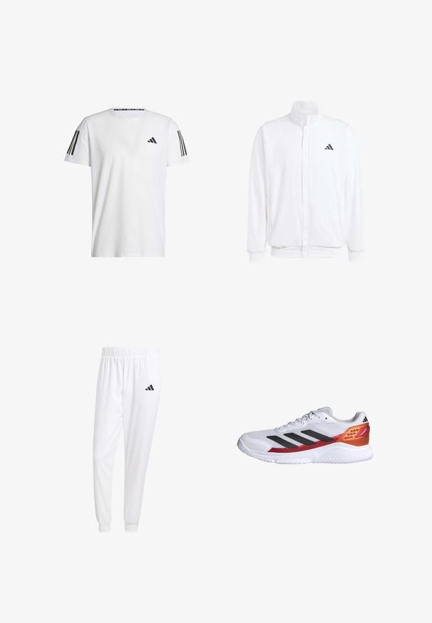 Balts viegls jaciņš ar stāvo apkakli, priekšējo rāvējslēdzēju, sānu kabatām un melnu Adidas logo kreisajā krūtī. Mīksta tekstūra.; Balts īsām piedurknēm T-krekls, kas izgatavots no elpojoša auduma, ar melnu trīsstūra logotipu un trim melnām svītrām uz katra pleca.; Baltas sporta bikses, kas izgatavotas no gludas auduma, ar elastīgu jostu un pieguļošiem uzmavām, ar melnu logotipu aizmugurējā kabatā.; Balts sporta apavs ar melnām svītrām, teksturētu acs virsbūvi, sarkanu un oranžu papēža akcentu un baltu gumijas zolīti.