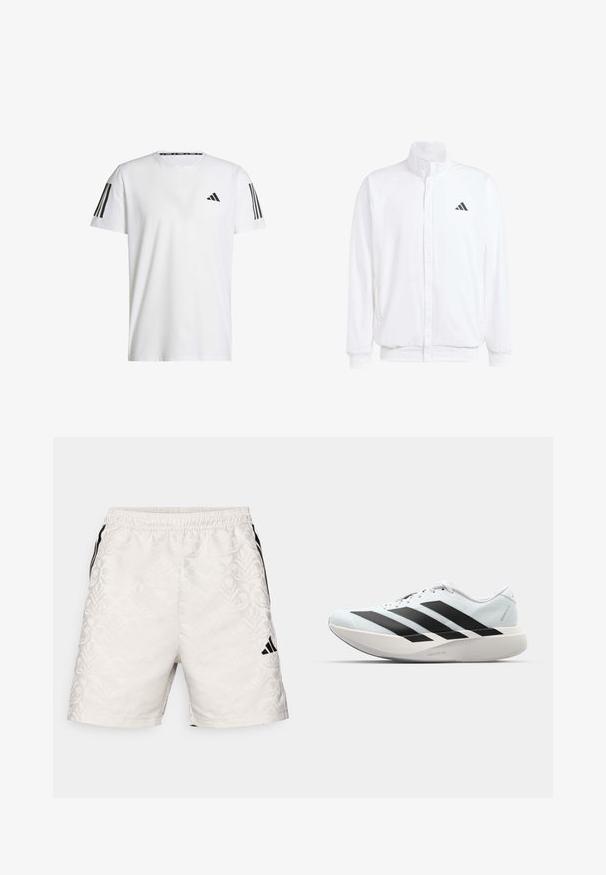 Bílá lehká bunda s stojatým límcem, předním zipem, bočními kapsami a černým logem Adidas na levé hrudi. Měkká textura.; Bílé tričko s krátkým rukávem vyrobené z prodyšné tkaniny, s černým trojúhelníkovým logem a třemi černými pruhy na každém rameni.; adidas Sportswear TIRO - Sportovní kraťasy - grey one/black; Lehké běžecké boty v světle modré barvě s černými pruhy. Mají hladký svršek, kulatou špičku a silnou bílou mezipodešev označenou "LIGHTSTRIKE PRO."