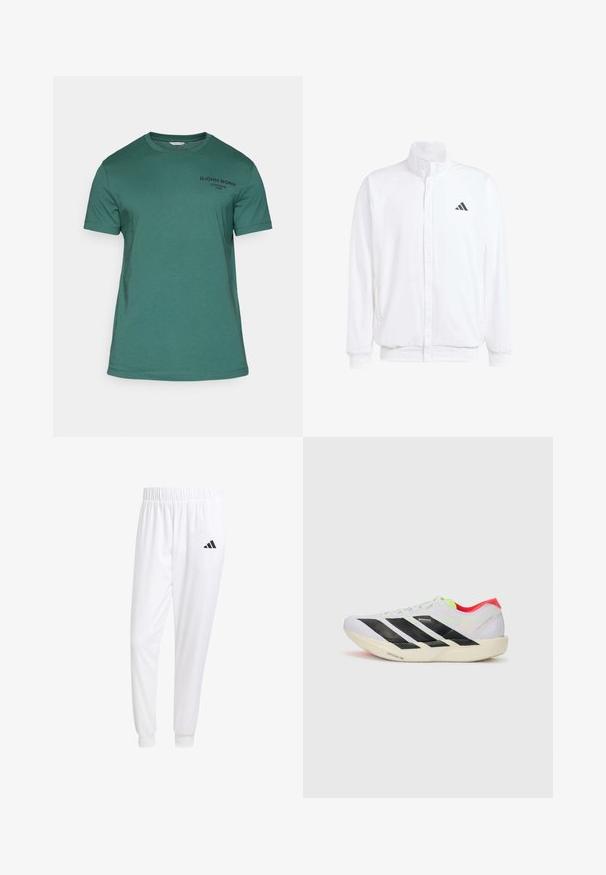 Valge kerge jakk, millel on seisev krae, ees lukuga kinnitus, küljetaskud ja must Adidas logo vasakul rinnal. Pehme tekstuur.; Björn Borg ESSENTIAL - Lihtne T-särk - bistro green; Valged sportpüksid, mis on valmistatud siledast kangast, omavad elastset vöökohta ja kitsaid mansette, tagakoti peal on must logo.; Valge jooksuking mustade triipudega, ere roheline aksessuaar ja punane konts. Omab kerget disaini ja tekstureeritud talla, mis tagab haarde.
