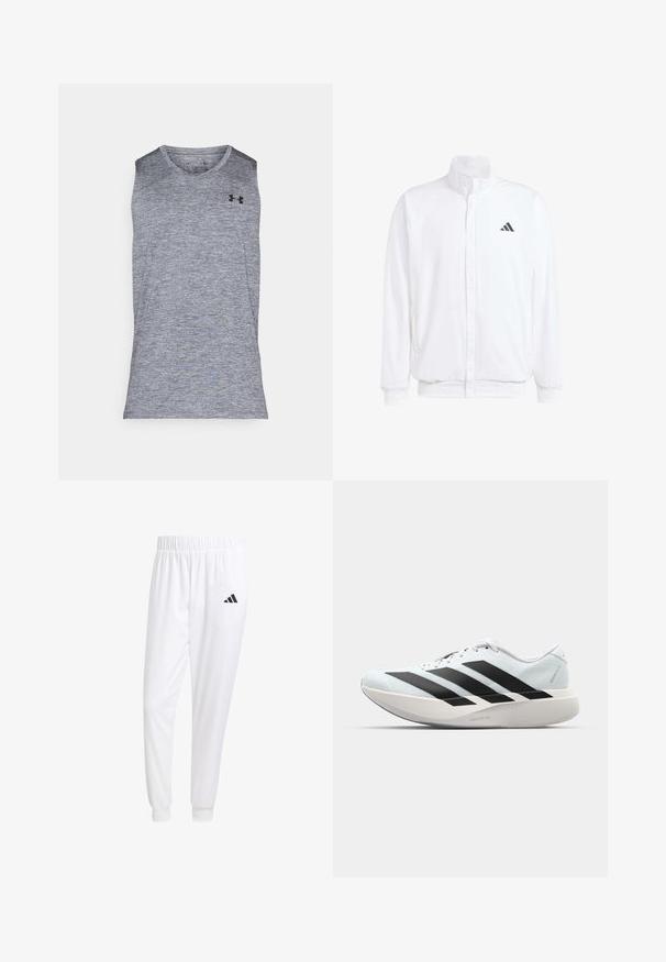 Hvid letvægtsjakke med en ståkrave, frontlynlås, sidelommer og et sort Adidas-logo på venstre bryst. Blød tekstur.; Grå ærmeløs træningsshirt lavet af et tekstureret, fugttransporterende stof. Har en rund halsudskæring og et sort logo på øverste venstre side.; Hvide sportsbukser lavet af glat stof, med elastisk talje og tætsiddende manchetter, og med et sort logo på baglommen.; Letvægtige løbesko i lys blå med sorte striber. Har en glat overdel, rund tå og tyk hvid mellemsål mærket "LIGHTSTRIKE PRO."