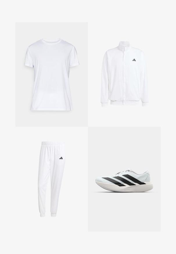 Bílá lehká bunda s stojatým límcem, předním zipem, bočními kapsami a černým logem Adidas na levé hrudi. Měkká textura.; Bílý tričko s krátkým rukávem vyrobené z lehkého materiálu. Má kulatý výstřih a jemný strukturovaný vzor. Logo je vytištěno na rukávu.; Bílé sportovní kalhoty vyrobené z hladkého materiálu, s elastickým pasem a přiléhavými manžetami, s černým logem na zadní kapse.; Lehké běžecké boty v světle modré barvě s černými pruhy. Mají hladký svršek, kulatou špičku a silnou bílou mezipodešev označenou "LIGHTSTRIKE PRO."