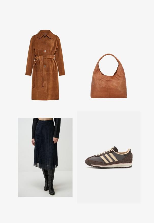 Bruine suedetrui met een klassieke kraag, enkele knoopsluiting en een bijpassende riem. Voorzien van zijzakken en een recht model.; Gestructureerde, oversized, donkerbruine gebreide trui met een hoge hals, drop shoulders en geribbelde manchetten. Eindigt met een lichte curve aan de onderkant.; Plissé marine rok van lichtgewicht stof met een ruitpatroon. Voorzien van een elastische tailleband en een vloeiende, gelaagde uitstraling.; Bruine sportsneaker met een bovenwerk van leer en suède, crèmekleurig drievoudig streepdesign, gestructureerde zool en een gevoerde schacht.; Gusti Leder GIULIA - Handtas - braun