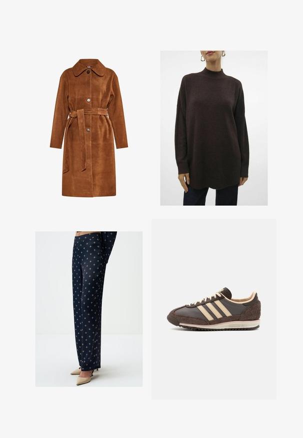 Manteau trench en daim marron avec un col classique, fermeture à un bouton et une ceinture assortie. Il possède des poches latérales et une coupe droite.; Pull en maille texturée, surdimensionné, marron foncé avec un col montant, des épaules tombantes et des poignets côtelés. Se termine par une légère courbe à l'ourlet.; Pantalons à motifs navy avec une texture lisse, arborant un design géométrique dans des teintes claires. Associés à des chaussures à talons hauts nude.; Baskets de sport marron avec une tige en cuir et en daim, design à trois rayures crème, semelle extérieure texturée et col rembourré.