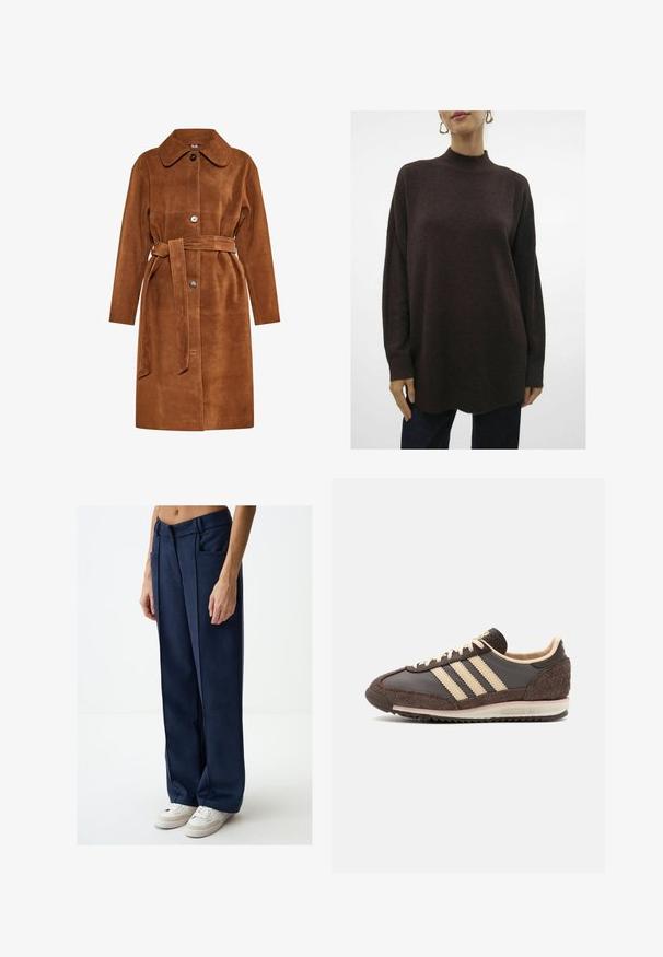 Brązowy zamszowy płaszcz trench z klasycznym kołnierzem, zapięciem na jeden guzik i pasującym paskiem. Posiada kieszenie boczne i prosty krój.; Teksturowany, oversize, ciemno-brązowy sweter z dzianiny, z wysokim dekoltem, opadającymi ramionami i ribbami przy mankietach. Kończy się delikatnym zaokrągleniem u dołu.; Marynarskie szerokie spodnie wykonane z gładkiego materiału, z przednimi kieszeniami, wysokim stanem i delikatnymi przeszyciami po bokach. W połączeniu z białymi sneakerami.; Brązowe buty sportowe z cholewką skórzaną i zamszową, kremowy wzór w trzy paski, teksturowana podeszwa i wyściełany kołnierz.