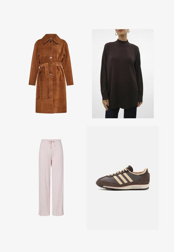 Bruine suedetrui met een klassieke kraag, enkele knoopsluiting en een bijpassende riem. Voorzien van zijzakken en een recht model.; Gestructureerde, oversized, donkerbruine gebreide trui met een hoge hals, drop shoulders en geribbelde manchetten. Eindigt met een lichte curve aan de onderkant.; Lichtroze wijde broek van gestructureerde stof, met een elastische tailleband en een trekkoord. Verticale ribbelpatroon over het geheel.; Bruine sportsneaker met een bovenwerk van leer en suède, crèmekleurig drievoudig streepdesign, gestructureerde zool en een gevoerde schacht.