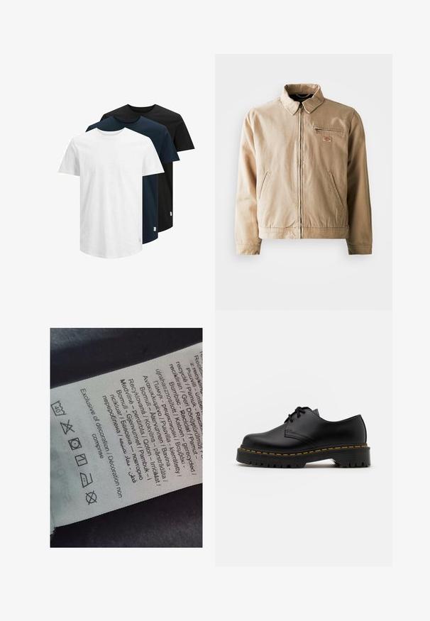 Beige lerretjakke med glidelås foran, stiv krage og to sidelommer. Inkluderer et lite logo-patch på brystet.; Tre kortermede T-skjorter i hvit, mørk marineblå og svart. Laget av bomull, med rund hals og rett skjæring. Enkelt design, uten mønstre.; Etikett med tekst på flere språk, omsorgssymboler og resirkuleringsikoner, trykt på et mykt stofflignende materiale i lys farge.; Svart lær snøresko med rund tå, teksturert gummisåle og gul søm rundt bunnen. Flat design og glatt overflate.