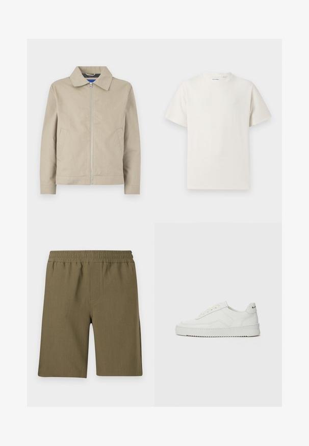 Beige, lehká bunda s límečkem, předním zipem a bočními kapsami. Vyrobena z hladké tkaniny s čistým, minimalistickým designem.; Bílý krátký rukáv tričko s pružnou strukturou. Kulatý výstřih, volný střih, bez viditelných vzorů nebo detailů. Jednoduchý a univerzální design.; Samsøe Samsøe SMITH - Šortky - four leaf clover; Bílé kožené tenisky s hladkým povrchem, kulatou špičkou, plochými tkaničkami a texturovanou podrážkou. Na patě se nachází nenápadné logo.