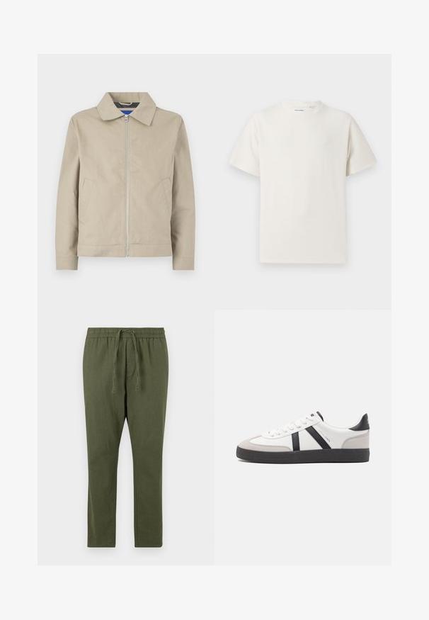 Beige, leichte Jacke mit Kragen, Reißverschluss vorne und seitlichen Taschen. Hergestellt aus glattem Stoff, mit einem klaren, minimalistischen Design.; Weißes T-Shirt mit kurzen Ärmeln in gerippter Textur. Runder Ausschnitt, lockere Passform, keine sichtbaren Muster oder Akzente. Einfaches und vielseitiges Design.; Olivgrüne Hose mit einem elastischen Bund und verstellbarem Kordelzug; gerade Beine und eine glatte, weiche Stoffstruktur.; Weiße Sneaker mit schwarz- und grau-aczenten, ausgestattet mit einer strukturierten grauen Zehenkappe, schwarzer Gummi-Sohle und flachen weißen Schnürsenkeln. Sauberes Design, minimalistische Stil.