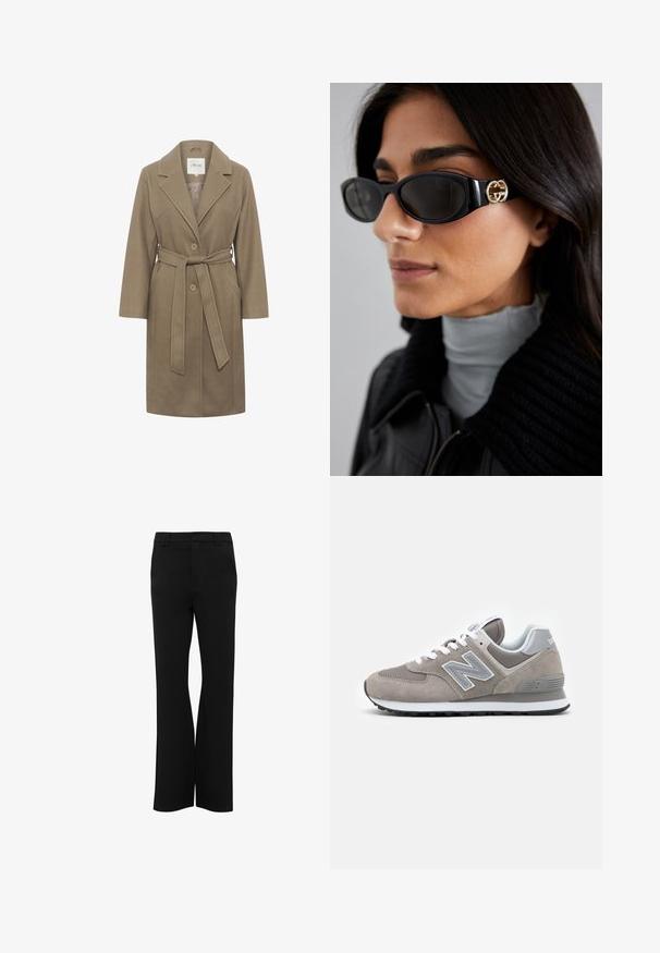 Khaki riemcoat met een ingesneden kraag, twee ronde knopen en zijzakken. Beschikt over een gladde textuur en een getailleerd ontwerp.; Witte langemouwen top gemaakt van gladde stof met een aangesloten silhouet, voorzien van een brede bootnek en subtiele plooien bij de taille.; Zwarte broek met een rechte pijp, gemaakt van een soepele stof. Voorzien van riemlussen en een ritsluiting.; Grijze sneaker met een bovenwerk van mesh en suede, voorzien van een opvallend lichtgrijs "N"-logo, witte veters en een zwarte rubberen zool.; Zwarte zonnebril met een stijlvolle rechthoekige montuur en een gouden logo-accent aan de zijkant. Donkere lenzen en een glanzende afwerking zijn opvallend.; Tassenhandtas met een tan textuur, twee korte handvatten, goudkleurige hardware, logo aan de voorkant en een afneembare schouderriem. Gladde afwerking.