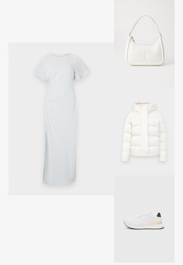Hvit pufferjakke med høy krage, med glidelås og brede horisontale segmenter. Laget av lett, quiltet materiale.; Lyseblå, kne-lengde kjole med rund halsutskjæring, korte fløyelsærmer, siderykking og en subtil split i kanten, laget av glatt stoff.; Hvit sneaker med glatt finish, med svart hælaccent og en gullmetallisk detalj på mellomsålen. Snøring, gummisåle.; Hvit lærveske med en buet fasong, med et preget "CK"-logo på forsiden og en enkel skulderstropp. Glidelåslukking på toppen.