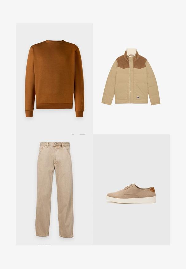 Lys beige pufferjakke med en brun kordfløjl-yoke, høj krave og shearling-foring. Har trykknaplukninger og sidelommer.; Brun crewneck sweatshirt med en blød tekstur, ribbede manchetter og kant. Simpelt design, ingen mønstre eller accenter, lavet af slidstærkt materiale.; Beige denimjeans med lige bendesign, med forlommer, metalknaplukning og subtil struktur.; Beige ruskinds sneakers med rund tå, snørebånd foran og en struktureret rygdetalje. Hvid gummisål giver kontrast. Enkel og moderne design.